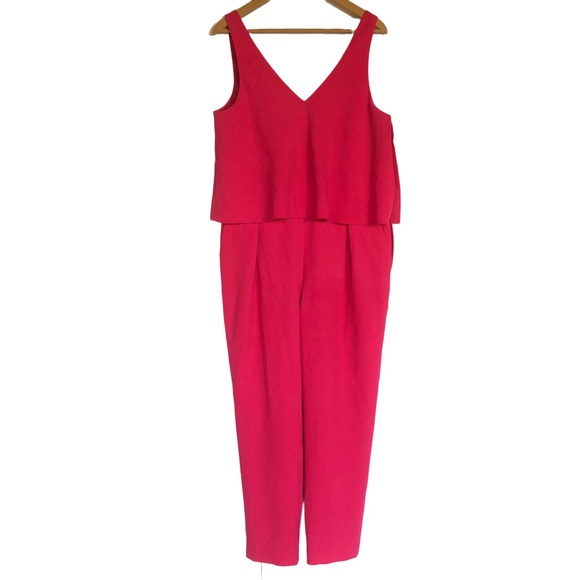 Trina Turk Oceanside Classic Crepe Jumpsuit 12 Hot Pink Fuchsia Pleated Flounce - Picture 3 of 15